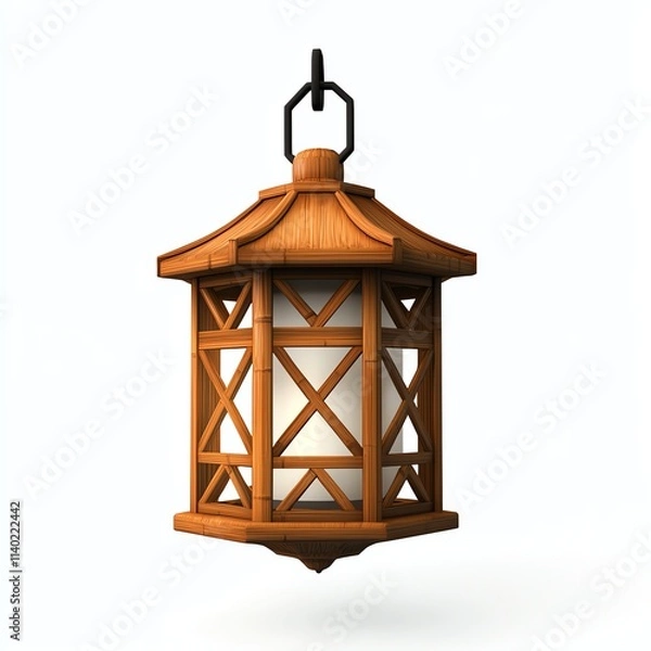 Fototapeta A wooden lantern with a traditional design, featuring a geometric pattern and a warm glow, perfect for outdoor ambiance and decorative purposes.