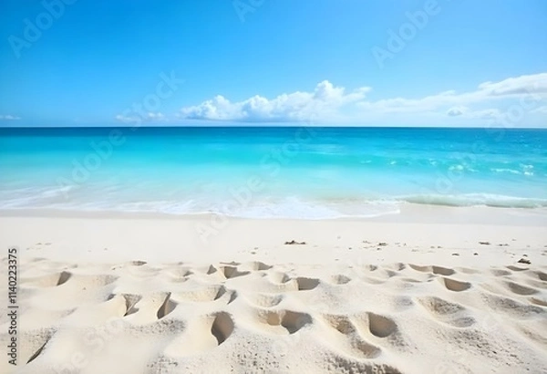 Fototapeta A tropical beach with white sand and clear turquoise water under a blue sky with wispy clouds