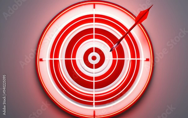 Fototapeta A stylized dart, glowing neon red, piercing the bullseye on a circular glowing target