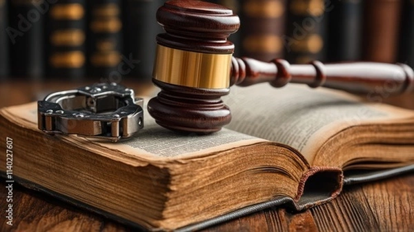 Fototapeta Gavel on open law book with handcuffs.