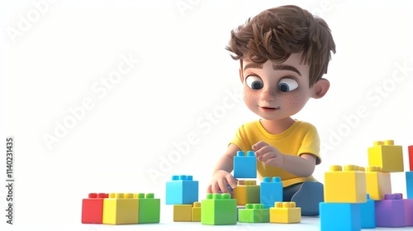Fototapeta A cartoon boy playing with building blocks.