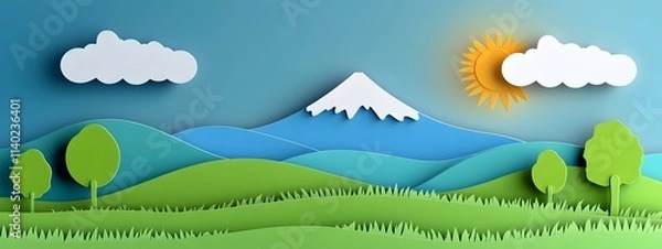 Fototapeta A simple vector graphic of mountains, clouds and trees in the foreground with blue sky in background, simple shapes, paper cutout style, green grass field in front of the mountain range