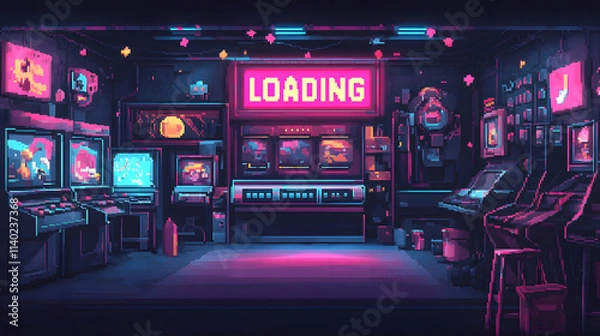 Obraz Retro Arcade Pixel Art Neon Night Loading Scene