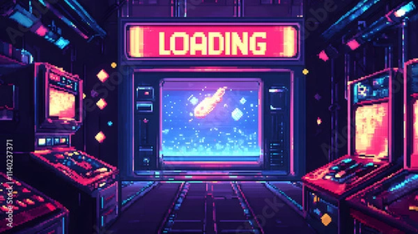 Fototapeta Retro Pixel Art Arcade Loading Screen 80s Synthwave Cyberpunk Gaming Aesthetic