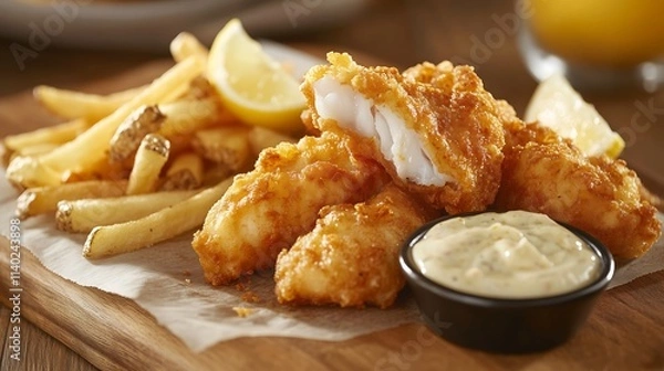 Fototapeta Fried cod fillet fish and chips served with French fries, tartar sauce, and a lemon wedge, arranged on a wooden board with parchment paper	
