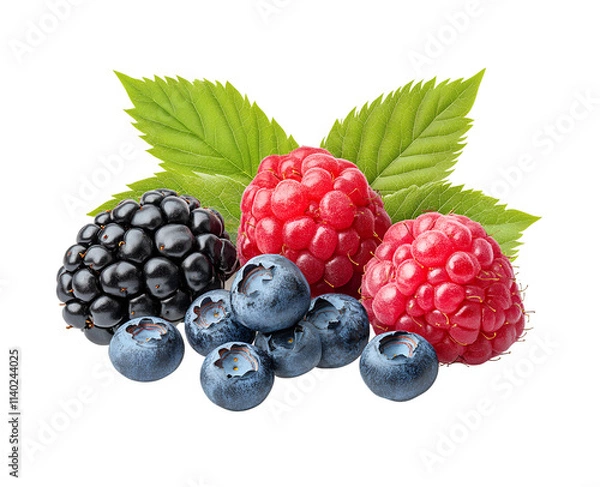 Obraz Mixed berries with leaves png isolated on transparent background