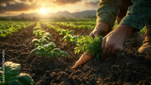Fototapeta A farmer gently pulls a carrot from the soil in a field during sunset, with lush green plants surrounding him and mountains in the background.