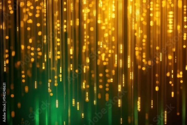 Fototapeta Cascading lines of digital code in green and gold abstract background technology environment digital art concept