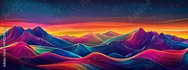 Fototapeta A synthwave landscape with neon lines and glowing curves, depicting an otherworldly horizon under the setting sun