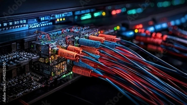 Fototapeta Fiber optic cable installation data center technology infrastructure high-tech environment close-up view connectivity concept