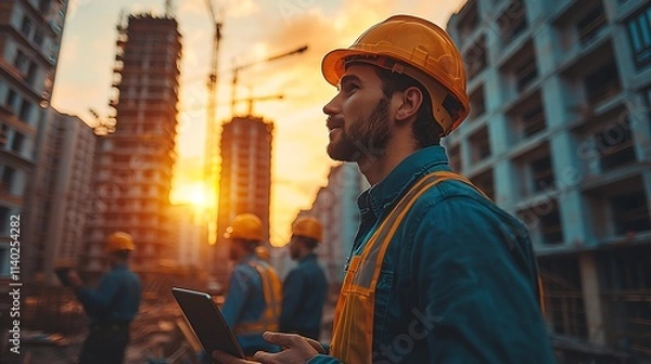 Fototapeta A group of civil engineers on a construction site, stand beside, discussing plans in front of a rising building structure. One of them is pointing to a high-rise under construction, while another 