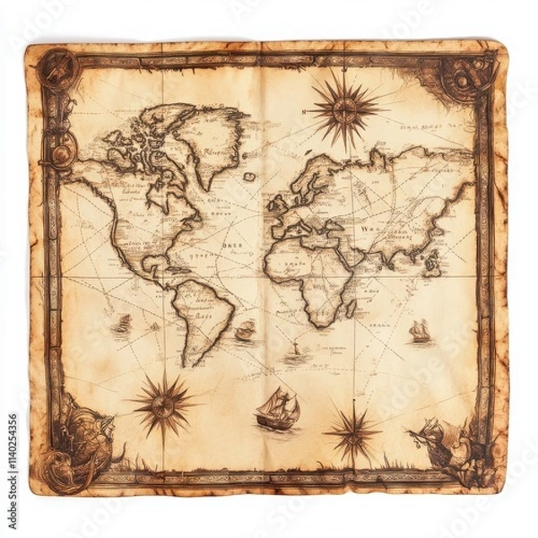 Obraz A vintage-style treasure map with faded edges and intricate details on a white background 