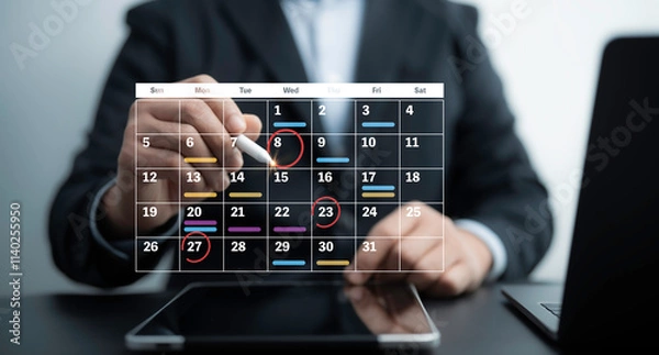 Fototapeta Close-up of a businessman planning schedules with a futuristic digital calendar interface. Perfect for appointment reminders, time management, and task planning