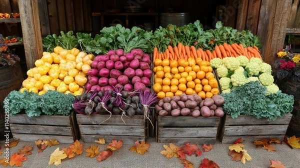 Fototapeta A vibrant assortment of fresh vegetables includes yellow squash, purple and red potatoes, carrots, and green leafy vegetables, set outside a rustic wooden market stand.