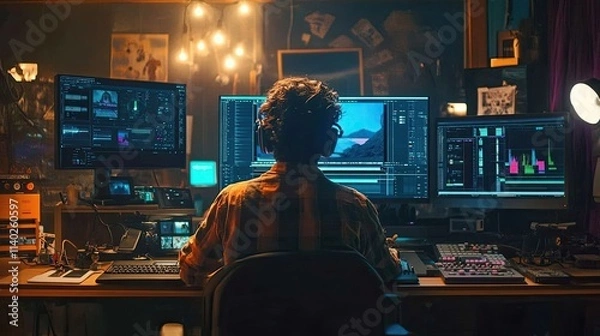 Fototapeta Person editing video on multiple monitors in a dimly lit home office.