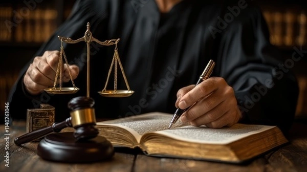 Fototapeta Judge's hands hold scales and pen, writing in law book.