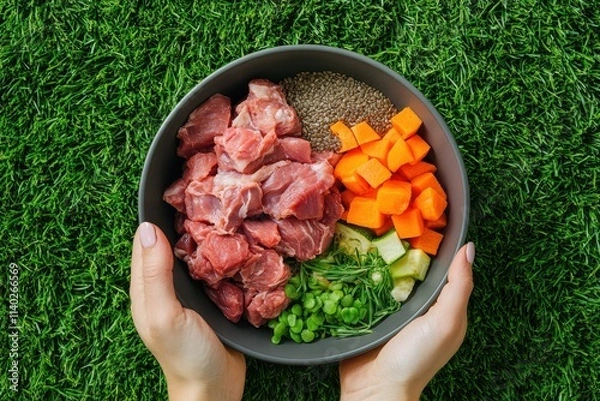 Obraz A woman s hand holds a bowl of raw dog food containing meat chicken tripe vegetables seeds and oil set against green grass