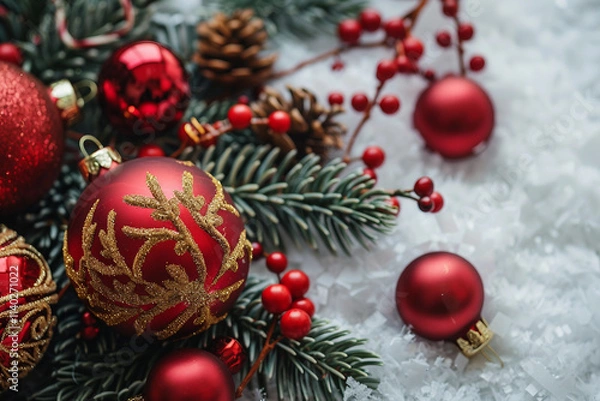 Obraz Holidays eve atmosphere cozy decoration at home on blurred christmas tree backdrop ai generative