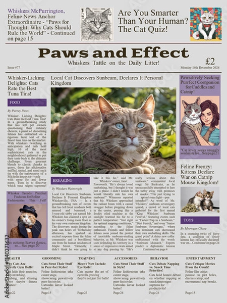 Fototapeta Printed newspaper front page for cats called 'Paws and Effect', ideal for craft project