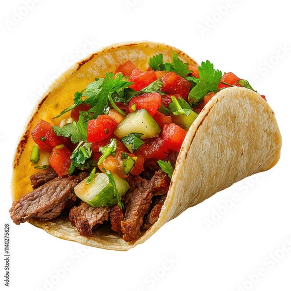 Fototapeta Delicious taco filled with grilled beef, fresh tomatoes, and cilantro, showcasing vibrant colors and textures. Perfect for satisfying meal or snack