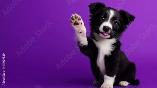 Fototapeta Playful Border Collie Puppy Sitting in Front of Purple Background