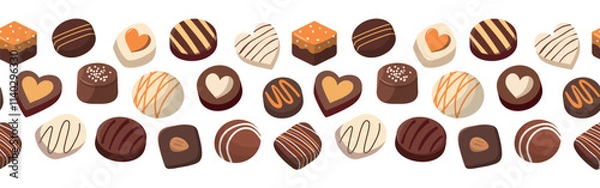 Obraz Sweet chocolate candies border pattern. Vector set of chocolate sweets and desserts. Isolated on white background.