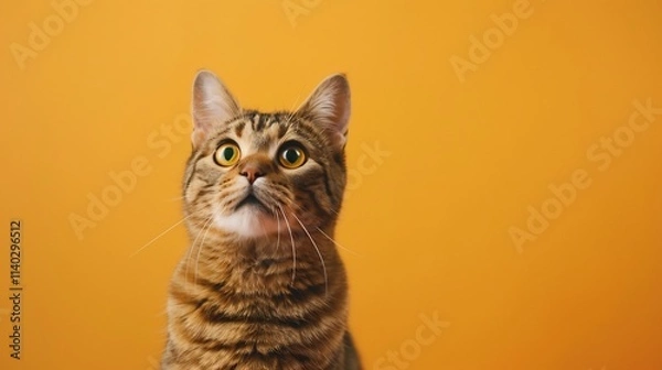 Fototapeta Curious tabby cat looking up on orange background.