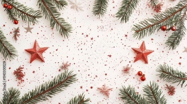 Fototapeta Golden baubles, red ribbons, and stars lying on a holiday surface
Golden and silver baubles lying on a traditional festive fabric
Golden and red Christmas ornaments on a white backdrop
Glittery stars,