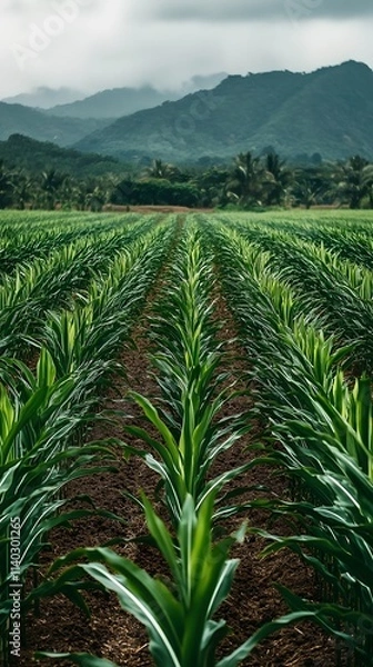 Fototapeta A photograph of an endless sugarcane field in the Hawaiian Islands, with mountains and palm trees visible in the background