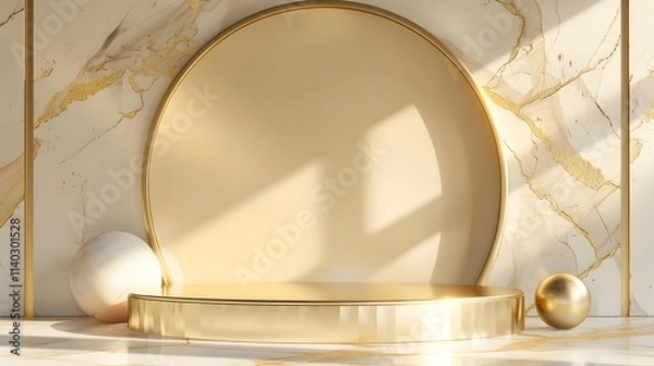 Fototapeta Elegant Minimalist Display Stage with Golden Accents and Marble Wall