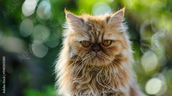 Fototapeta Ginger Persian cat with a serious expression,  against a blurred background of greenery.