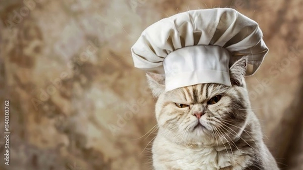 Fototapeta Grumpy cat chef with a toque.