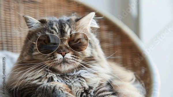 Fototapeta Grumpy cat wearing sunglasses, relaxing in a wicker chair.