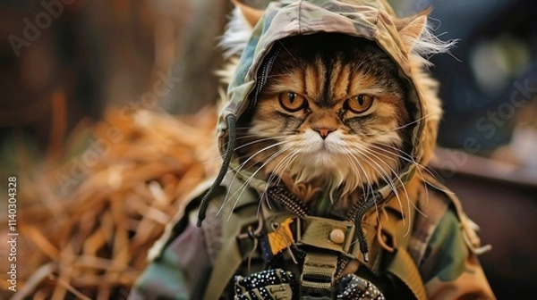 Fototapeta Grumpy persian cat wearing camouflage jacket.
