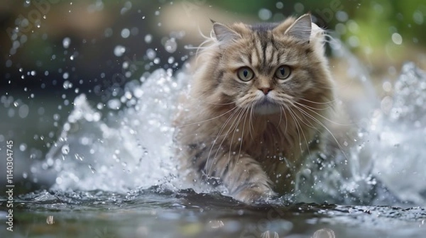 Fototapeta Longhair cat running through shallow water, splashing.