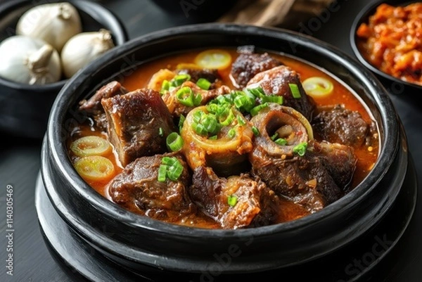 Obraz Gori Gomtang Korean oxtail stew served in a black bowl with kimchi and green onion on a dark wooden table