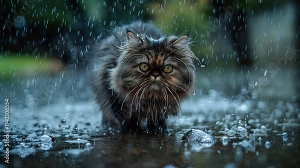 Fototapeta Persian cat in the rain, standing in a puddle, looking directly at the camera, with raindrops falling around it.