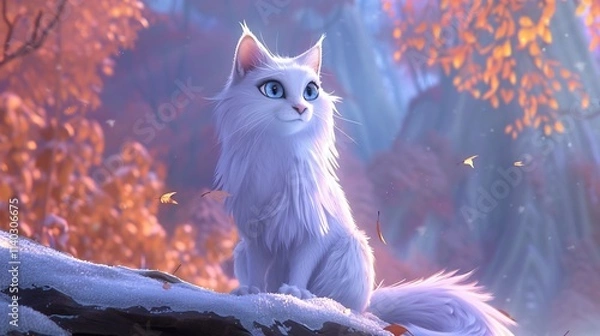 Fototapeta Majestic white cat sitting in snowy autumn forest.