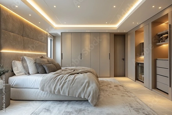 Fototapeta Modern bedroom interior with built-in wardrobes, recessed lighting, and plush bedding.