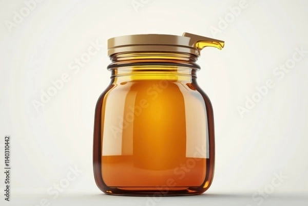 Fototapeta A glass jar filled with golden honey, featuring a golden lid and spout.