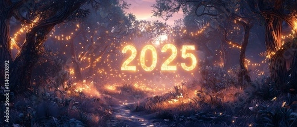 Obraz Enchanted New Year 2025 Forest Scene with Magical Lights and Radiant Text Celebrating the Arrival of a Bright and Hopeful Year Ahead