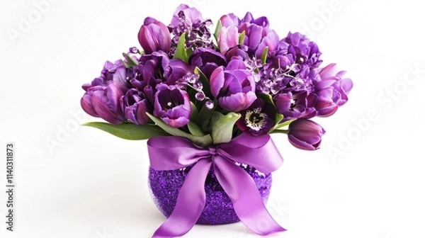 Fototapeta A luxurious arrangement of purple tulips and orchids with sparkling embellishments, tied with a satin ribbon, ideal for New Year decor, on white