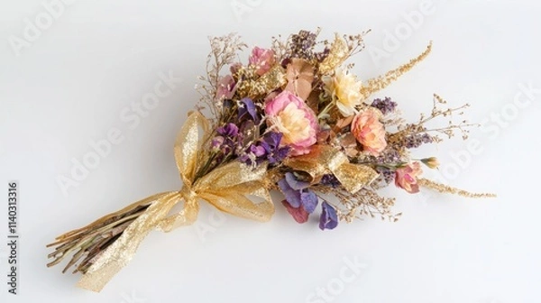 Fototapeta A stunning bouquet of pastel flowers with gold foil accents, tied with a shimmering ribbon, perfect for New Year decorations, on white