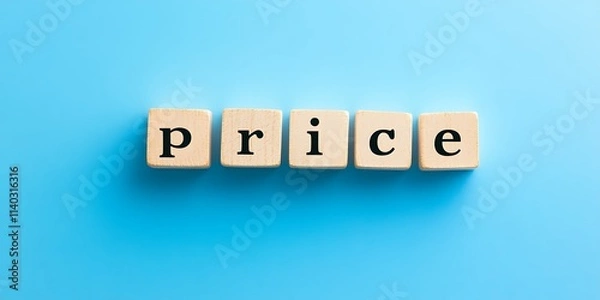 Obraz Word Price spelled with wooden blocks on blue background.