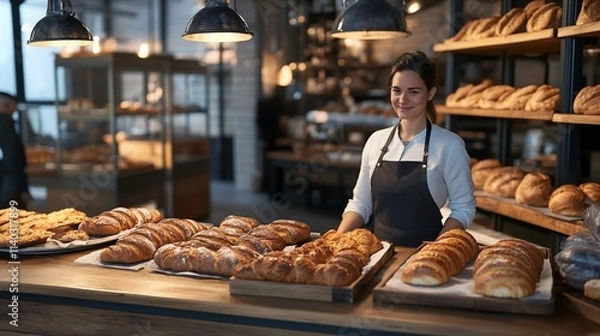 Fototapeta A bakery scene with a smiling woman and various fresh breads.