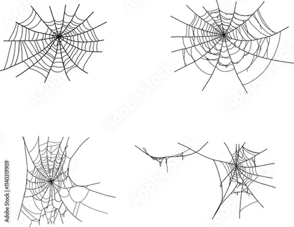 Fototapeta Set with spider web icons. Halloween decoration with cobweb. Spiderweb flat vector illustration. Isolated graphic. Horror, fear and creepy cartoon art concept. Net outline sketch on white background.