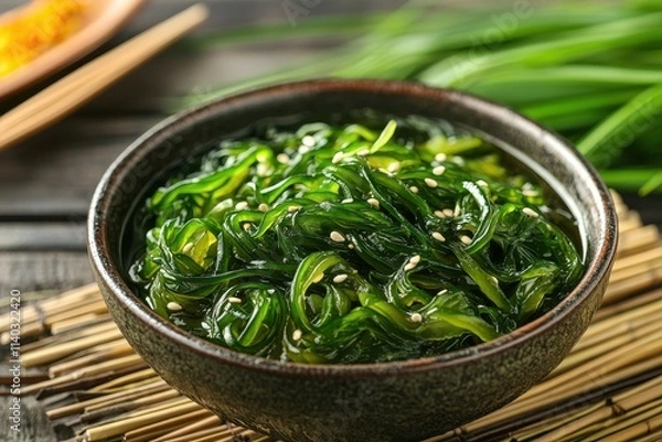 Fototapeta Korean miyeokguk recipe featuring hot beef soup with wakame Set against a bamboo backdrop highlighting 2023 s algae food trend