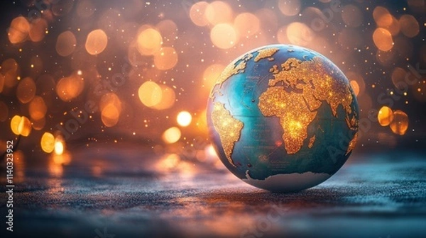 Obraz A sparkling Christmas globe ornament with a vibrant world map design, glowing warmly against a backdrop of twinkling holiday lights