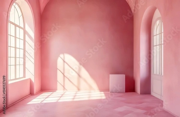 Fototapeta Sunlit pink room with arched windows and a blank cube.