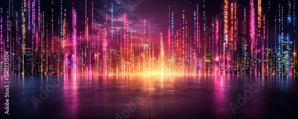 Fototapeta Futuristic Digital Cityscape with Neon Light Towers at Night. A sci-fi-inspired illustration of glowing neon vertical light streams rising above a city skyline.
